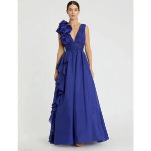 Mac Duggal Cobalt Blue Ruffle Shoulder V-Neck Chiffon Ballgown Size 12, $458